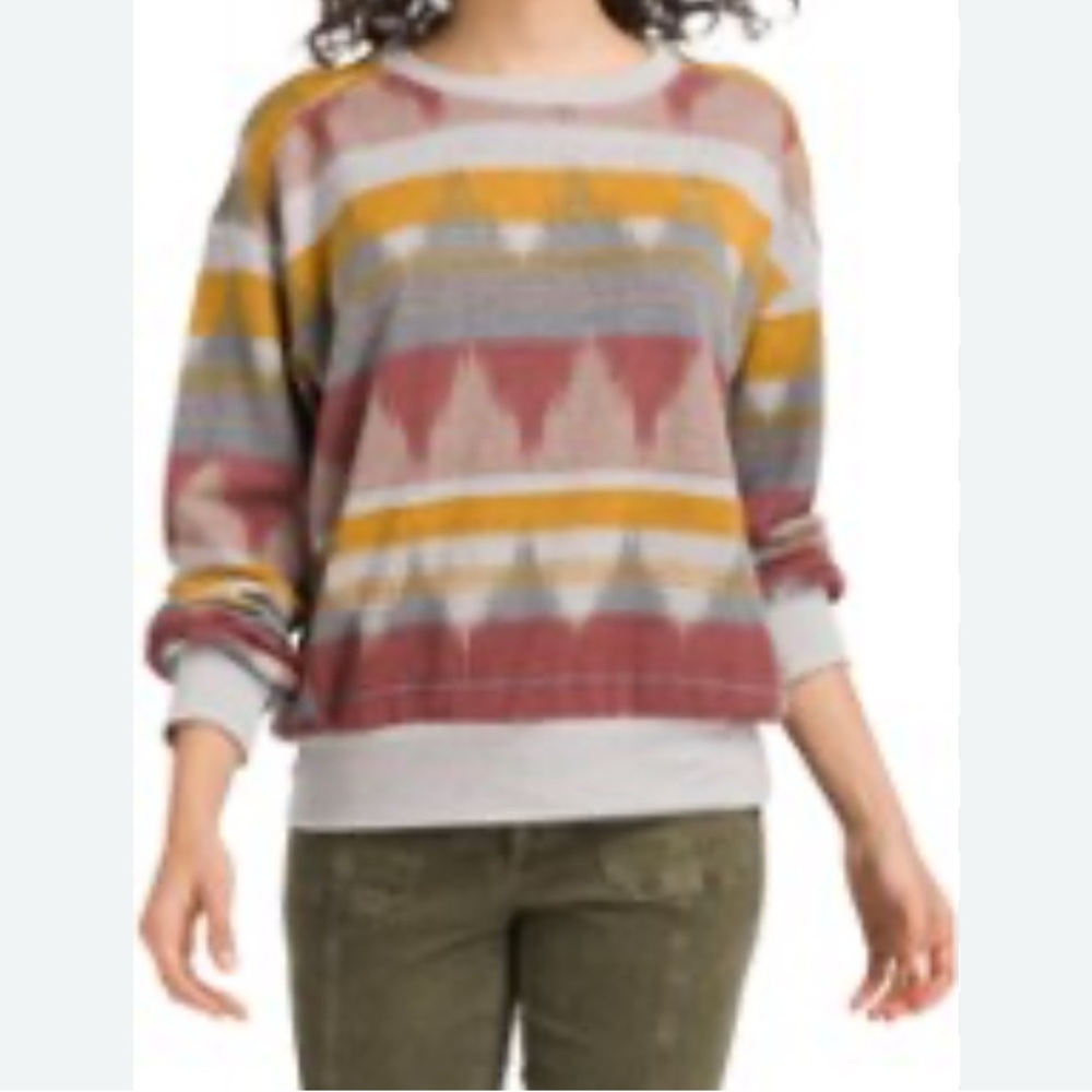 Prana COZY UP printed Aztec Sweatshirt Hemp Tencel Staining On Sleeve Cuff Sz S